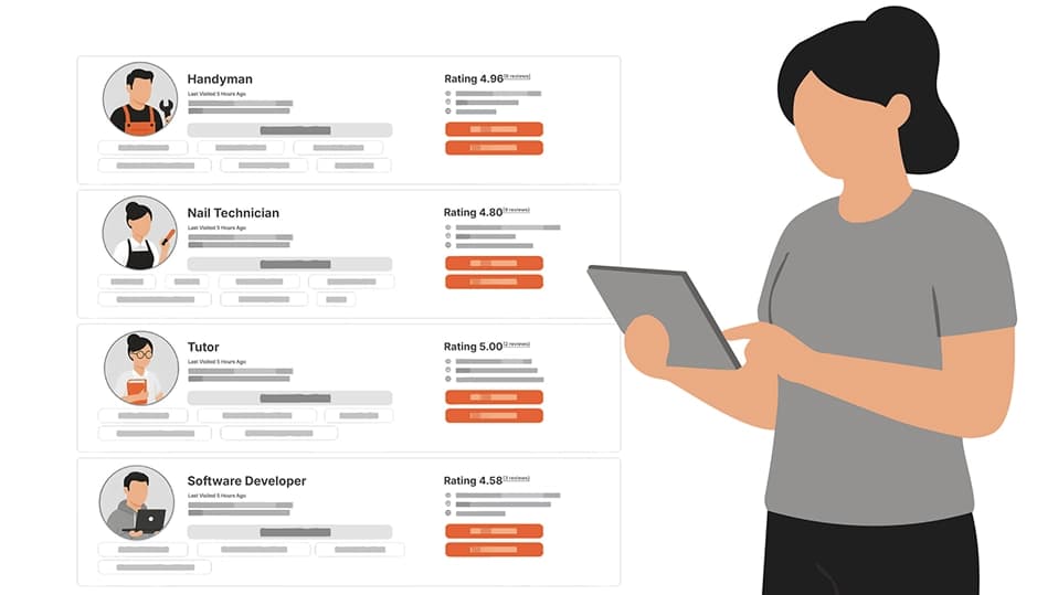 Professional with tablet showing profile cards on Profinado platform