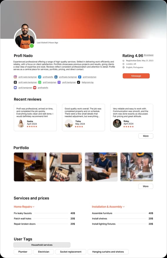 Example of a professional profile on Profinado